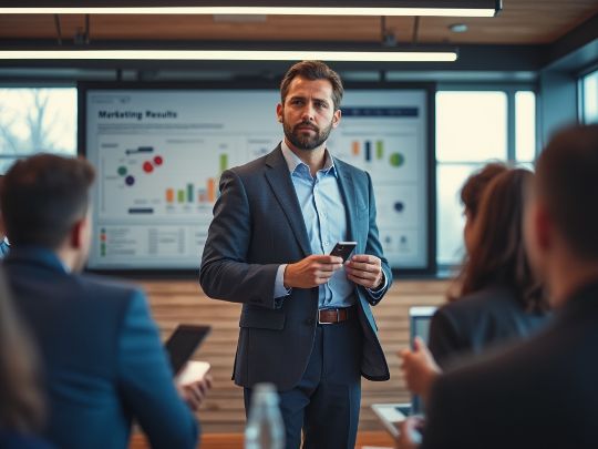 Un consultant en marketing numerique presentant des resultats de campagnes marketing a une equipe lors d’une reunion strategique, ideal pour PME cherchant a augmenter leur visibilite en ligne et optimiser leur strategie de contenu. 