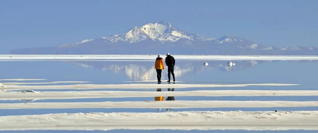 Mirrored salt flat with mountain backdrop, Lithium Triangle
