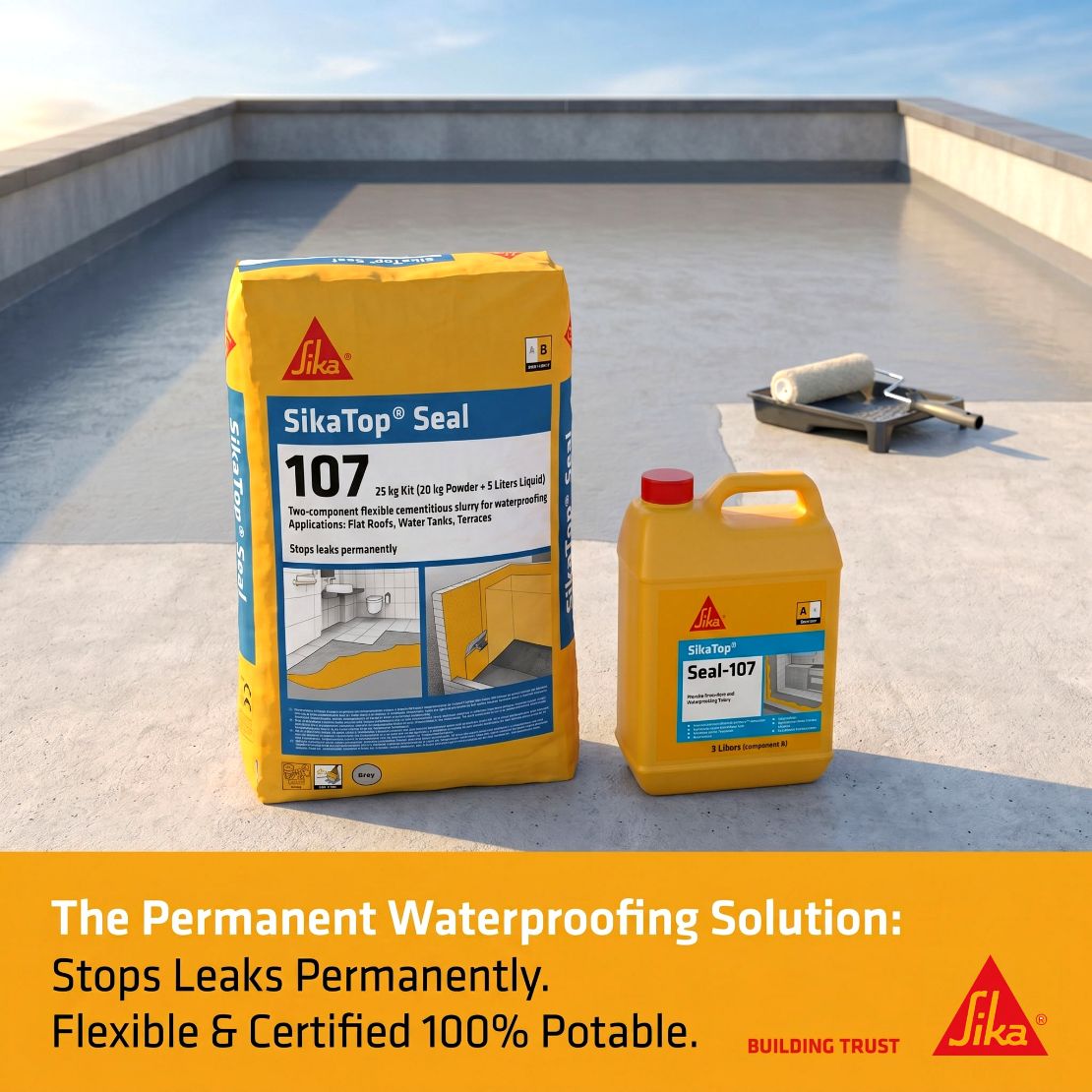 Genuine SikaTop Seal 107 (25 kg kit) – Flexible waterproof coating for flat roofs, water tanks & terraces. Stops leaks permanently.
