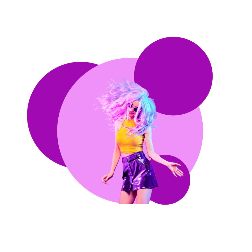 Woman wearing yellow top and a purple skirt, with blue, pink and purple hair dancing with purple spots behind her.