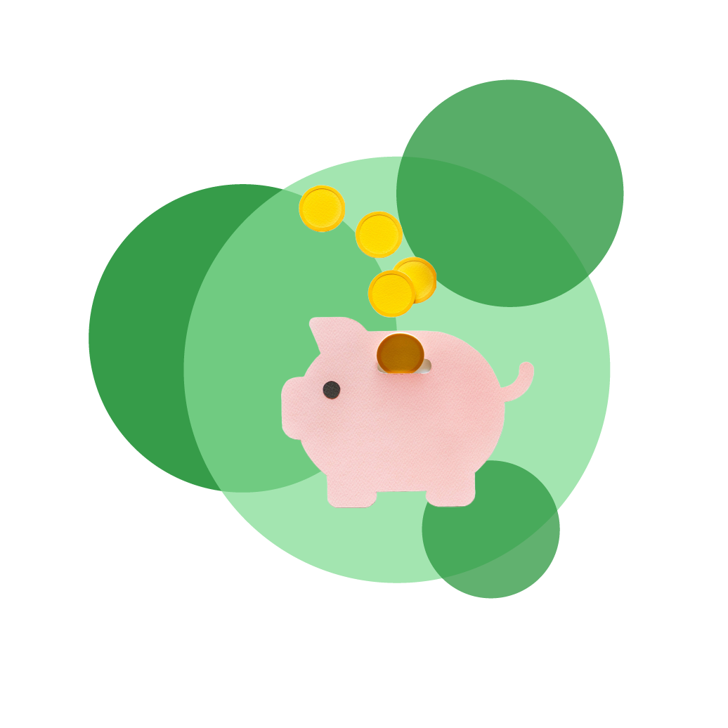 Pink paper piggy bank with gold/yellow paper coins falling into the piggy's slot with green spots behind it.
