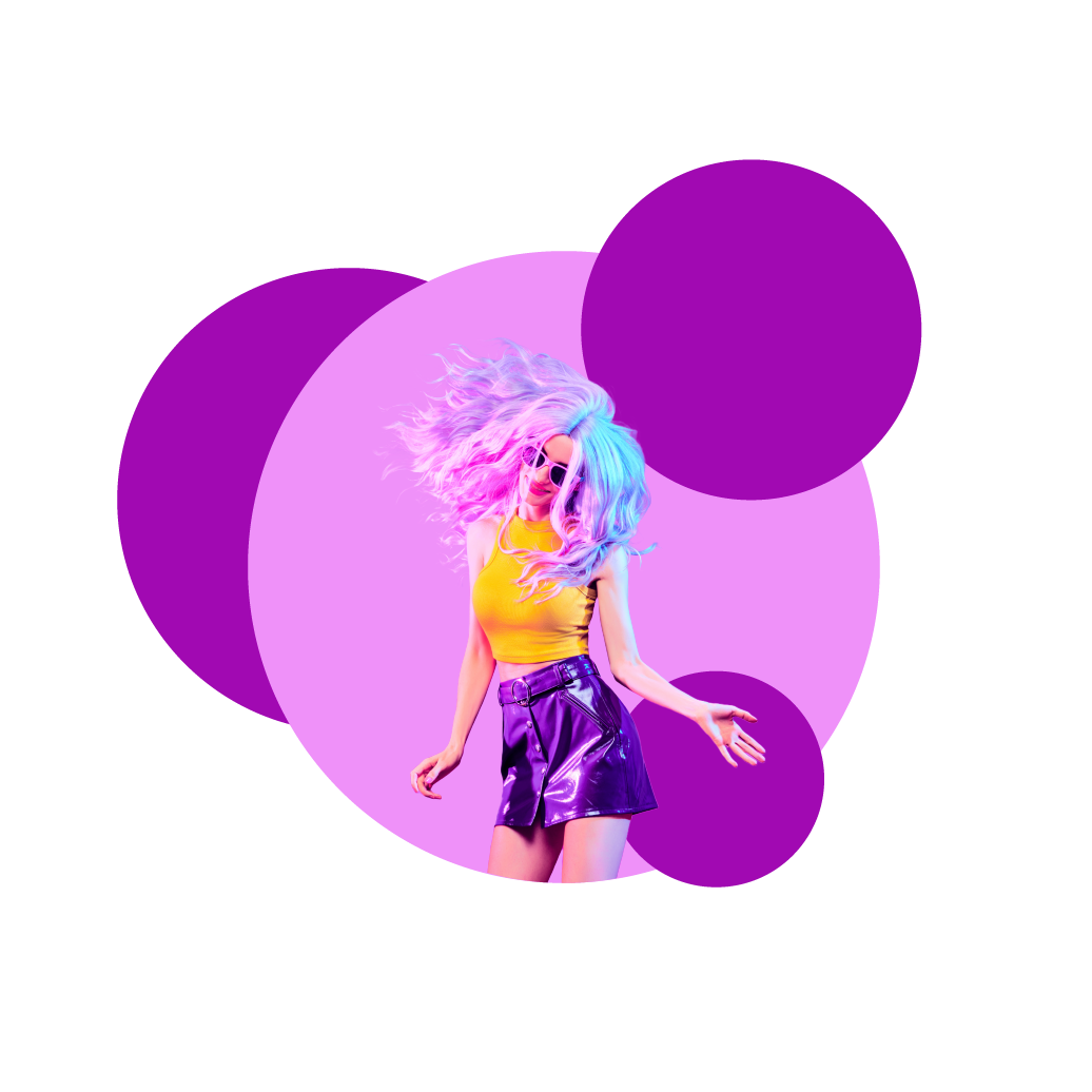 woman wearing yellow top and a purple skirt, with blue pink and purple hair dancing with purple spots behind her.