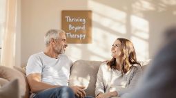 Father and daughter sitting and smiling with a picture behind them that says Thrive Beyond Therapy