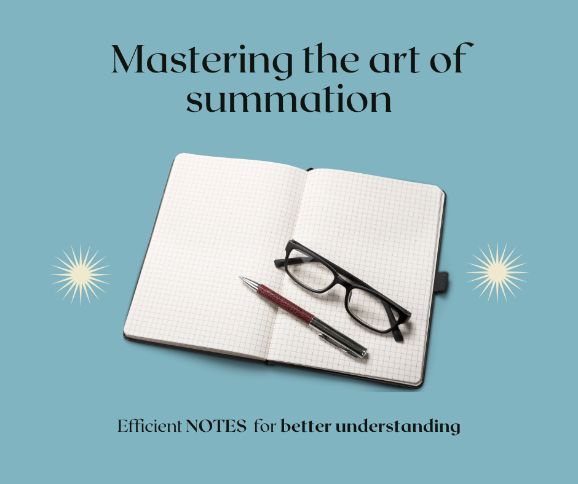 Notebook and glasses with text, Mastering the Art of Summation, Efficient Notes for Better Understanding