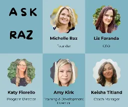 Neurodivergent experts, Michelle Raz, founder, Liz Faranda, CEO, Katy Fiorello, program director, Amy Kirk Training Director, Keshia Titland, coach manager.  All smiling and friendly.