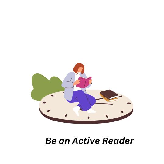 Cartoon drawing of a student sitting on the face of a clock reading trying to improve their reading comprehension.