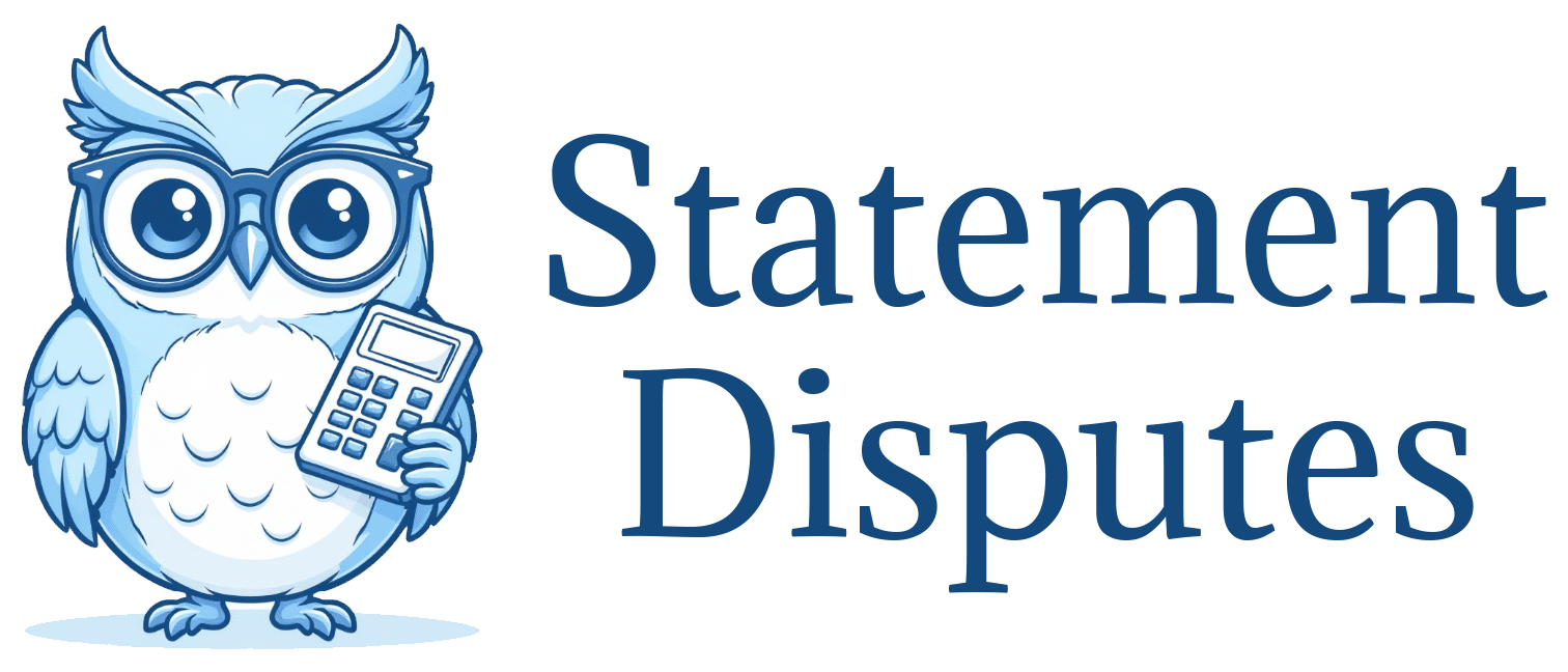 Statement Disputes logo with owl wearing glasses and holding a calculator with the word Statement Disputes stacked on the right.