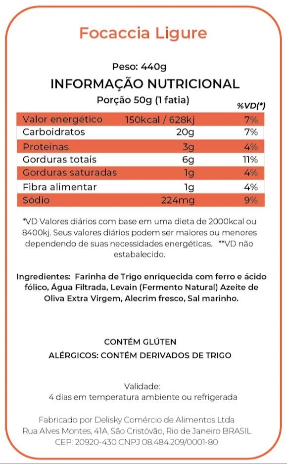 Focaccia Ligure - Informação Nutricional