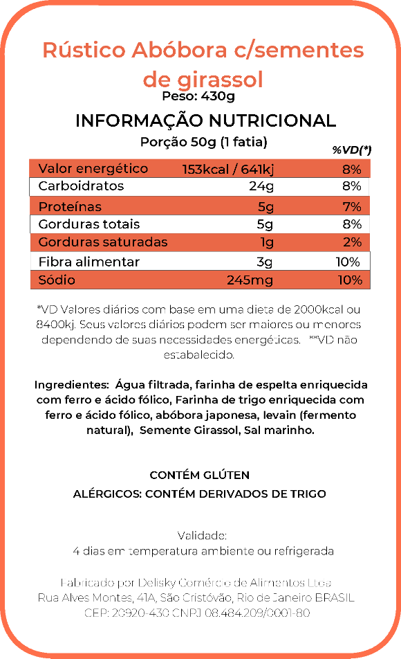 Rústico de abóbora - Informação Nutricional