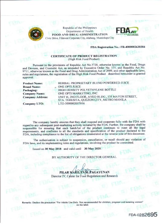 One Opti - FDA Certificate of Product Registration - One Opti Juice