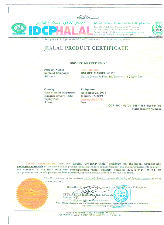 One Opti - HALAL Product Certificate - One Opti Juice