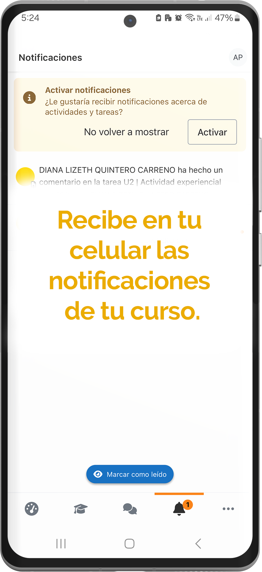 Recibe en tu teléfono las notificaciones de tu curso