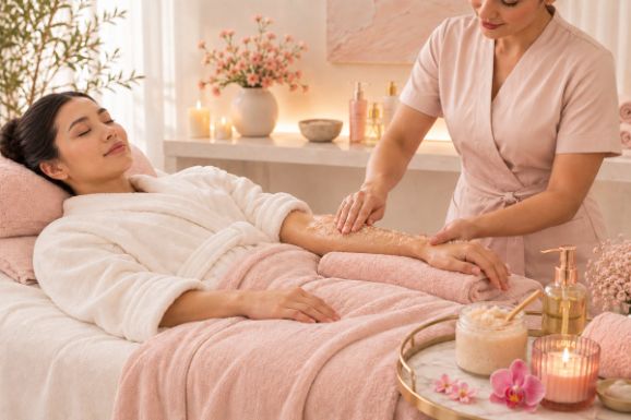 Luxury body scrub and glow treatment at LAVŌGUE