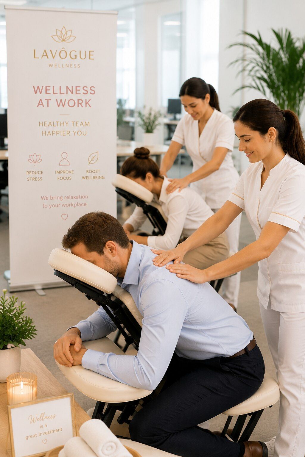 Corporate massage and workplace wellness services by LAVŌGUE