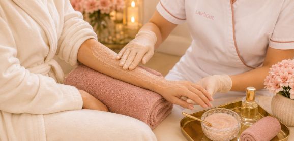 Luxury body scrub and glow treatment at LAVŌGUE