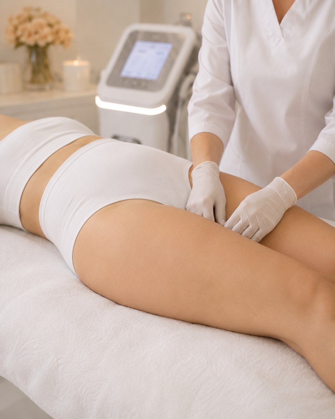 Thigh before body sculpting treatment at LAVŌGUE
