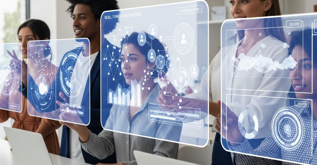 Humanoid robots working on laptops representing Reyada's RPA and AI automation in business