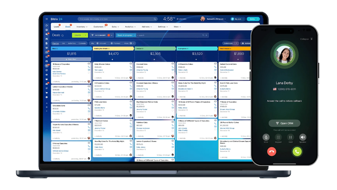 Bitrix24 CRM interface showing deal stages and sales pipeline representing Reyada's partnership as a gold partner