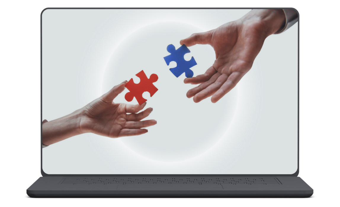 Two hands connecting puzzle pieces symbolizing business solution integration