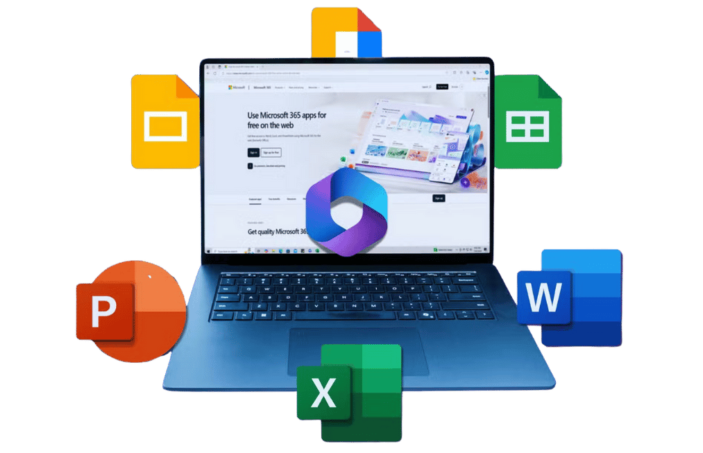 Laptop displaying Microsoft 365 with icons of Word, Excel, PowerPoint, and Google Workspace apps, representing Reyada’s Microsoft solutions and productivity services