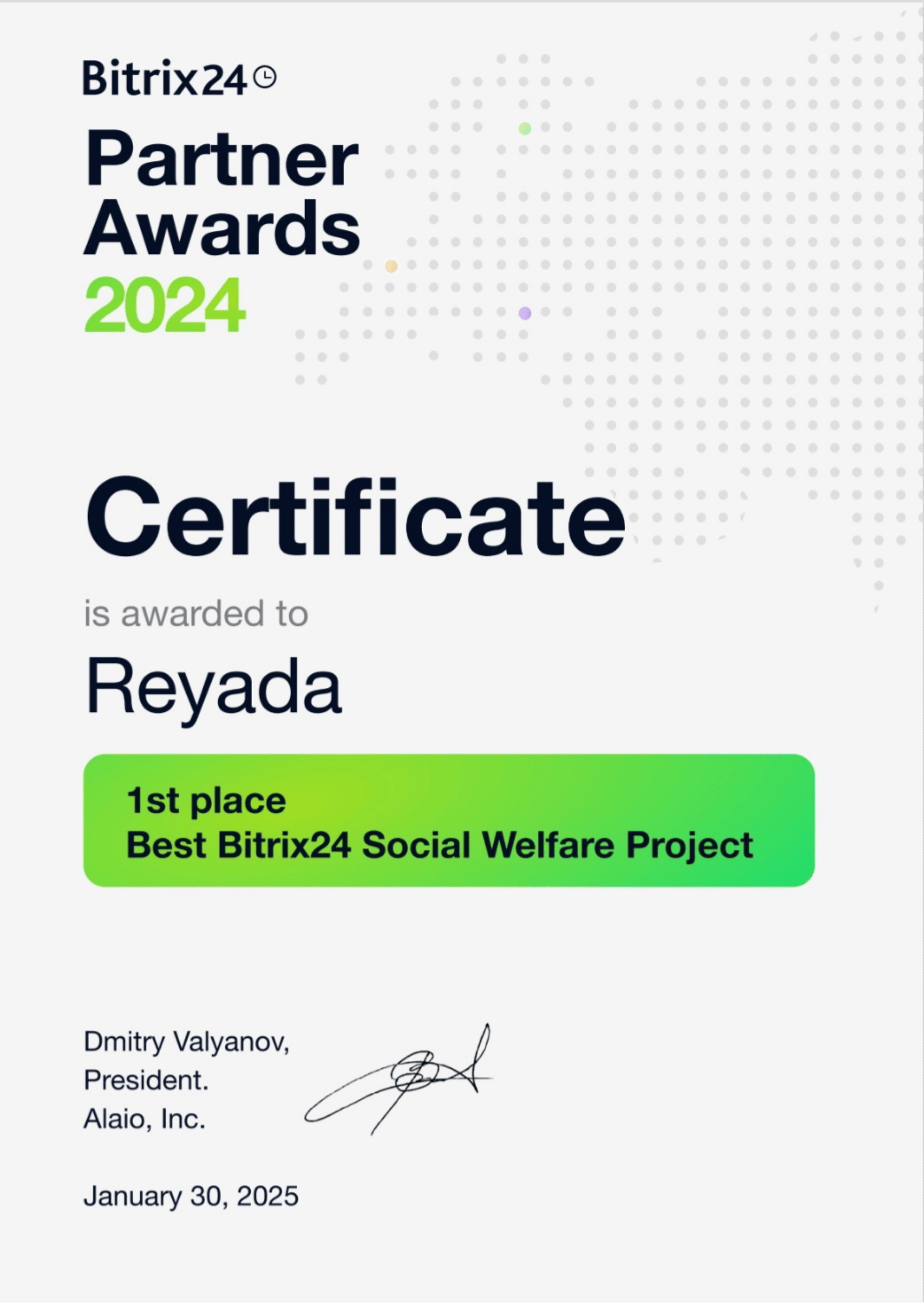 birix24 2024 partner award certificate for the best social welfare project