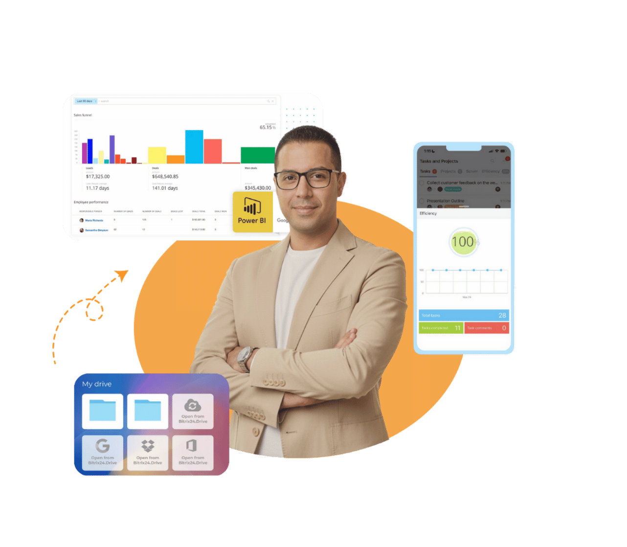 Agents using Bitrix24 CRM dashboard representing reyada solution for oil and gas industry
