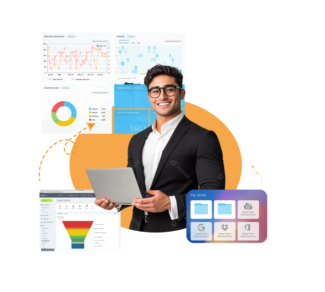 Agents using Bitrix24 CRM dashboard representing reyada's Bitrix24 solution for fintech organizations