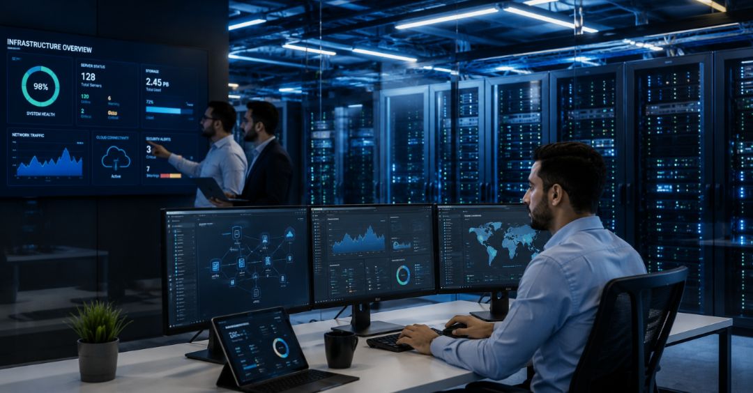 Futuristic digital city over circuit board representing reyada's infrastructure and data solutions