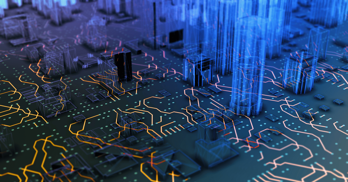 Futuristic digital city over circuit board representing reyada's infrastructure and data solutions