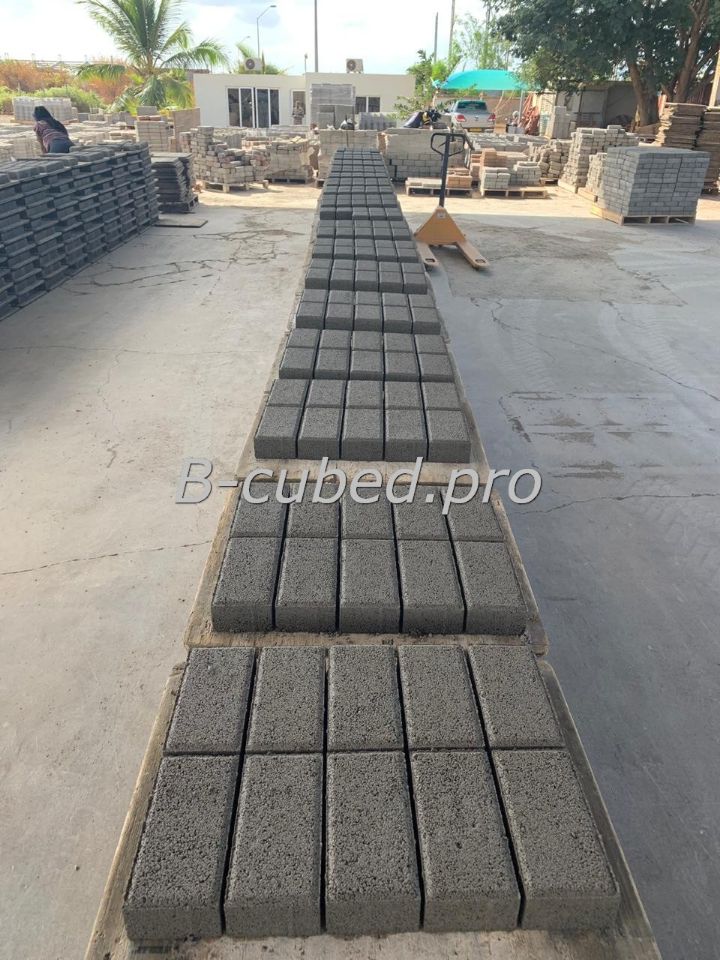 B-cubed production line making standard 100x200 pavers. We can customise solutions for the absolutely unique requirements should they be required. EverGreen Paving solution in dry cast concrete for paving, driveway, walkway, parking. Contact us should you wish to know more.