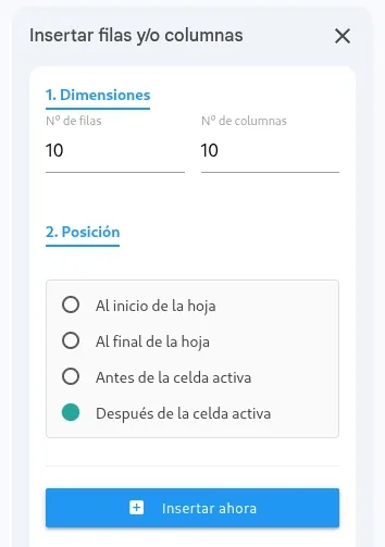 Panel de insertar filas y columnas.