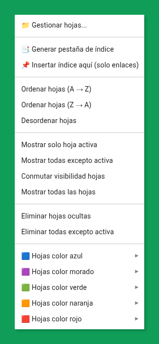 Menú de gestión de hojas (pestañas).