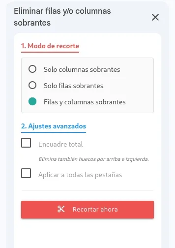 Panel de eliminar filas y columnas sobrantes.