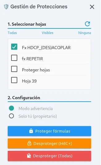 Panel de gestión de protecciones de celdas con fórmulas.